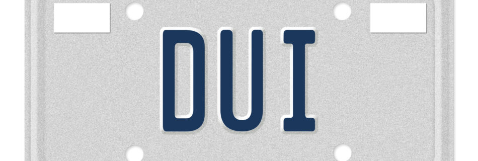 The word DUI in blue on license plate isolated on white, Getting a DUI